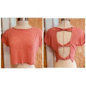 Ginger G | Pin Stripe Peach Crop Cap Sleeve Open Bow Back Top M